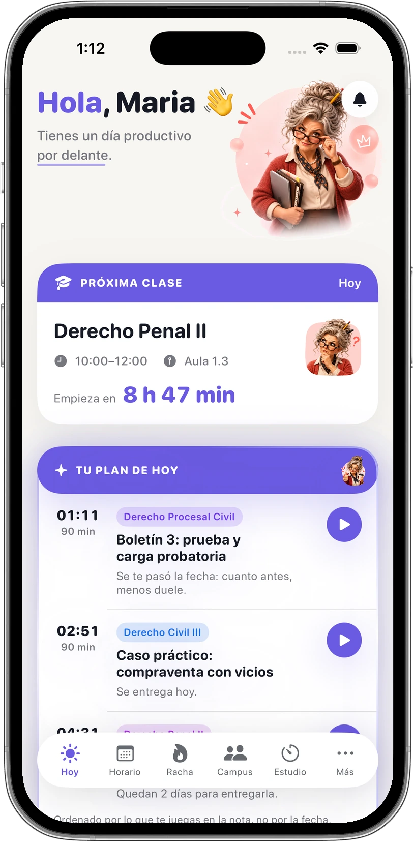 La pantalla de Hoy de Rotermeller: el plan del día, la próxima clase y las tareas pendientes