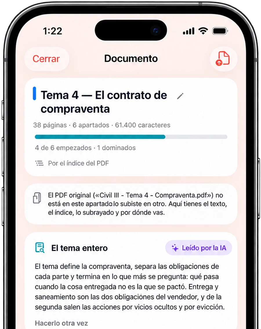 La pantalla de un documento en la app: sus apartados, con el estado de cada uno