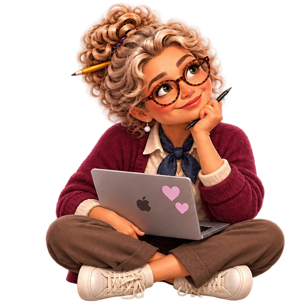 Rotermeller, la profesora de la app, sentada con sus libretas