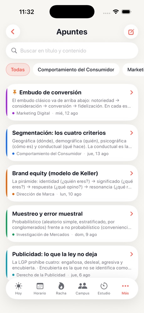 Pantalla Apuntes: lista de notas con su asignatura, fecha y buscador.