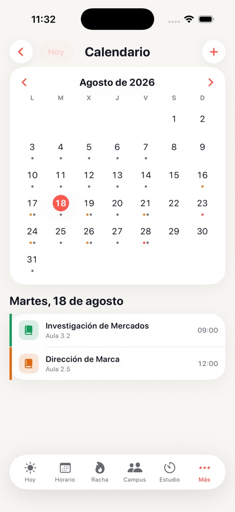 Pantalla Calendario: mes con puntos en los días con actividad y detalle del día seleccionado.