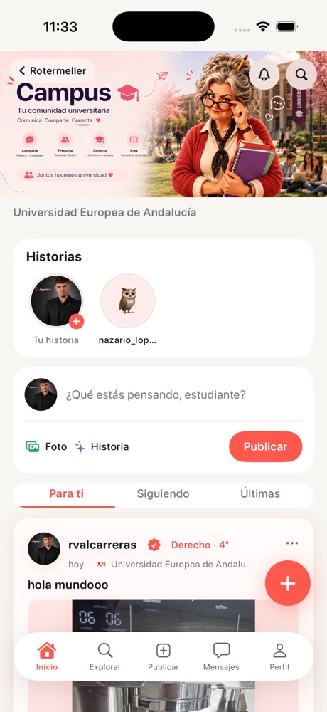 Pantalla Campus: portada, historias, compositor de publicación y tablón con las solapas Para ti, Siguiendo y Últimas.