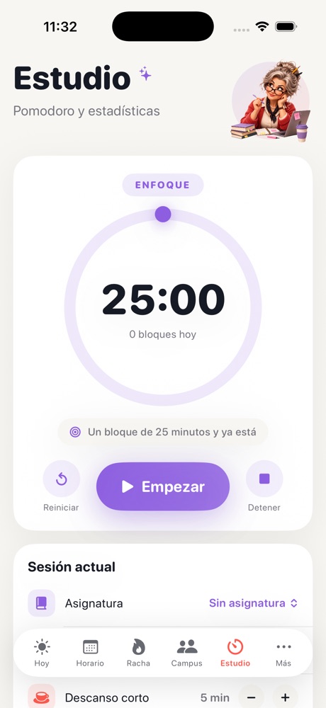 Pantalla Estudio: temporizador pomodoro a 25:00 con botones de empezar, reiniciar y detener.