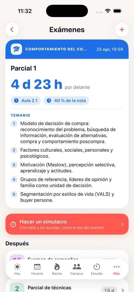 Pantalla Exámenes: cuenta atrás, aula, peso en la nota, temario numerado y botón de simulacro.