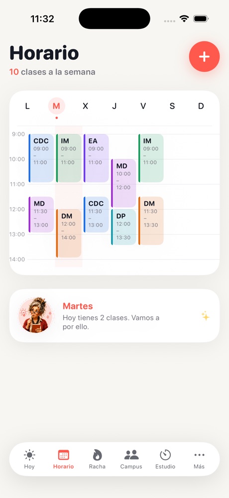 Pantalla Horario: rejilla semanal con las clases por franja horaria y colores por asignatura.
