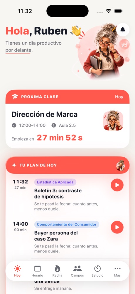 Pantalla Hoy: tarjeta de próxima clase con cuenta atrás y lista del plan del día.